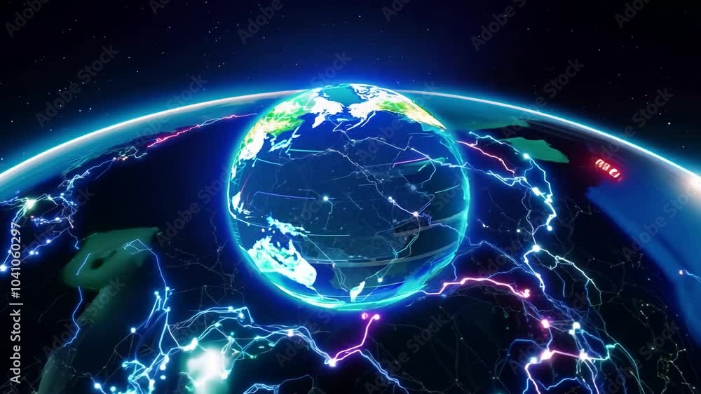 A futuristic digital illustration of Earth with neon glowing lines, representing data flow and connection. A futuristic digital illustration of Earth with neon glowing lines, representing data flow and connection.