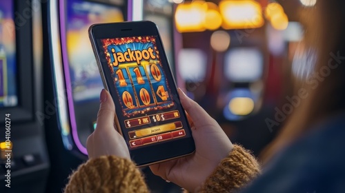 Hands holding a phone with a jackpot win in an online casino photo