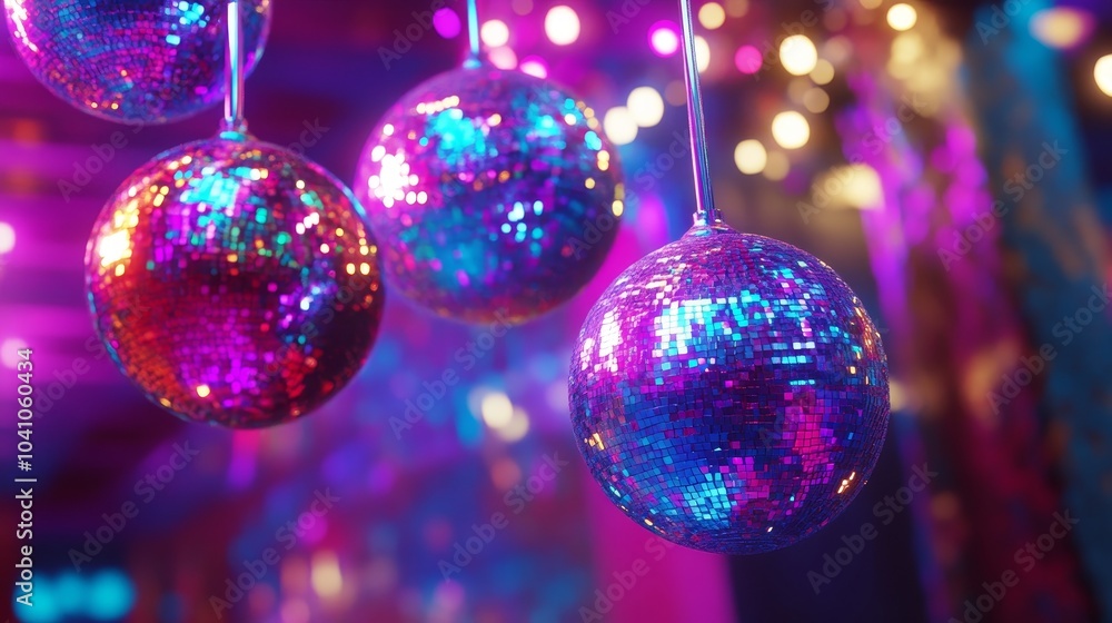 Fototapeta premium Colorful disco balls dangle and sparkle amidst festive lighting