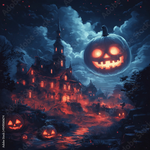 Spooky Halloween Haunted Houses with Pumpkins and Bats Background