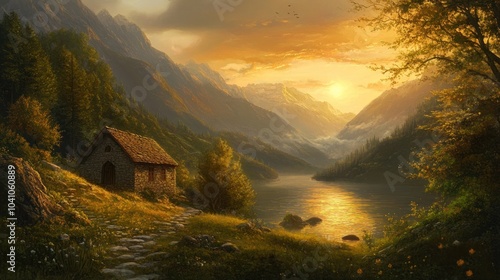 A serene landscape featuring a cozy cabin by a tranquil lake at sunset.