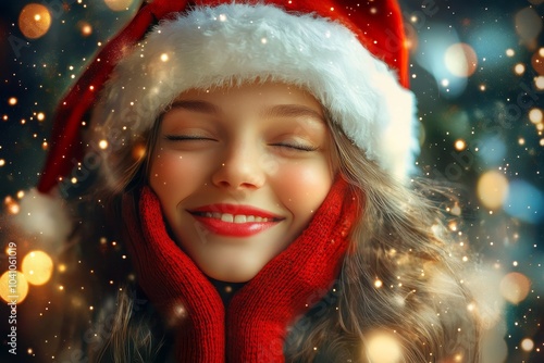 A girl with a Santa hat radiantly smiles, embracing Christmas spirit