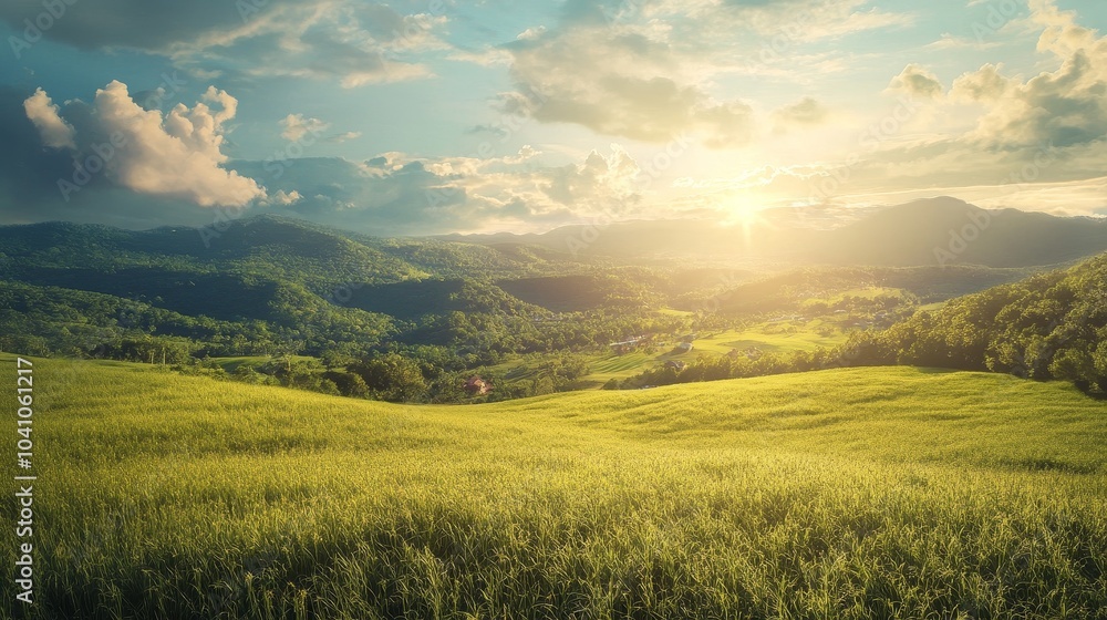 Sunrise casts golden light on green hills and valleys Sunrise casts golden light on green hills and valleys