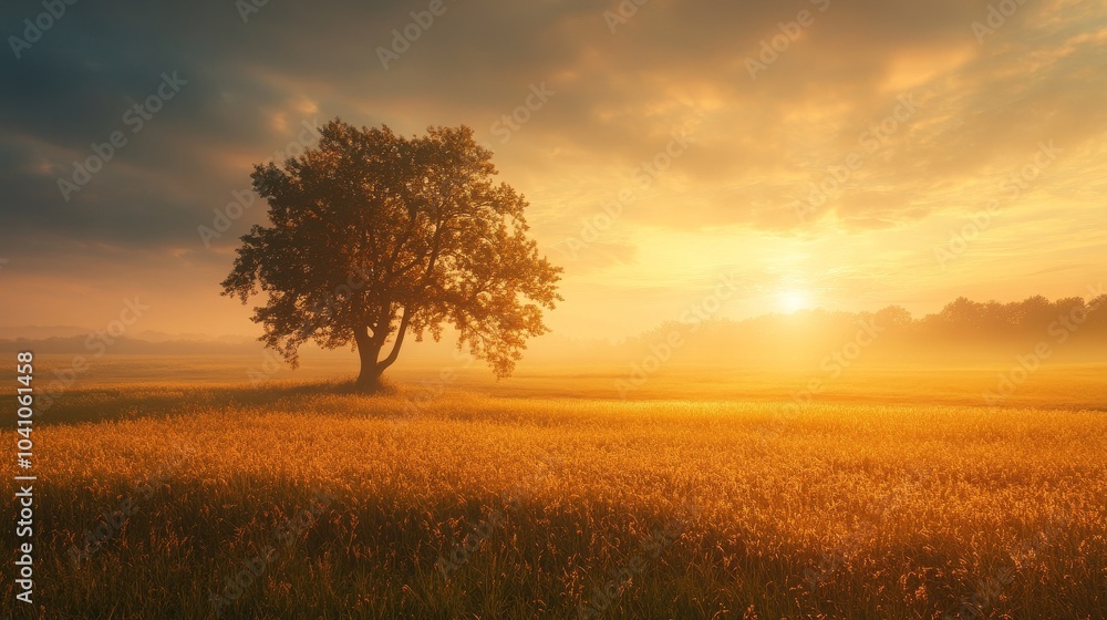 Obraz premium A serene sunrise casts warm light over a peaceful field