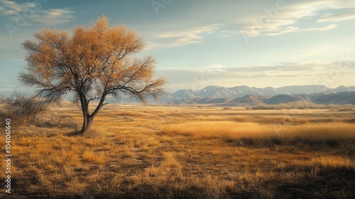 A lonely tree rises amid golden grass and distant peaks