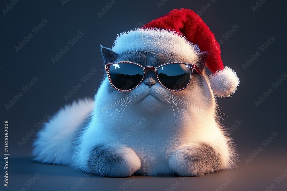 A relaxed cute kitty in sunglasses and a festive Santa hat A relaxed cute kitty in sunglasses and a festive Santa hat