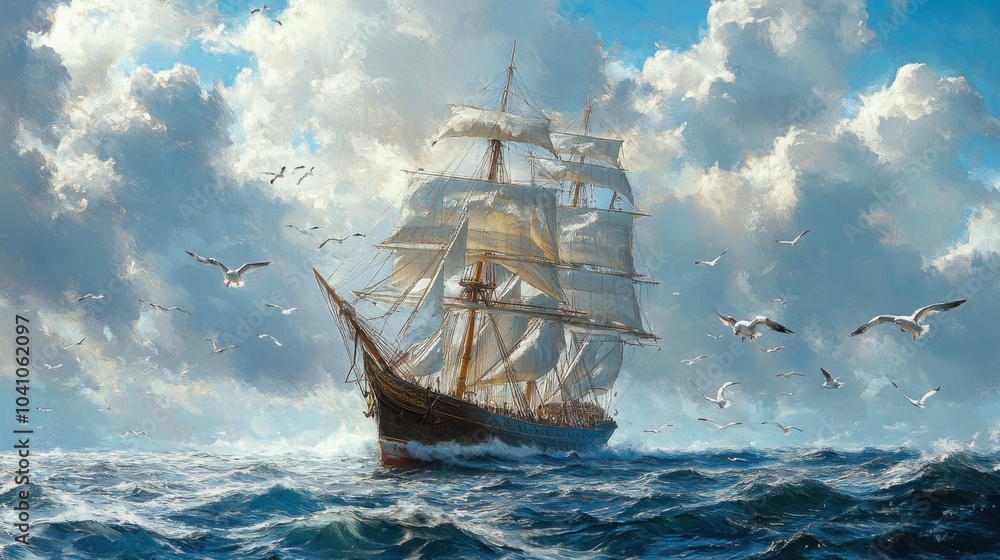 Fototapeta premium A majestic sailing ship navigating through turbulent ocean waters.