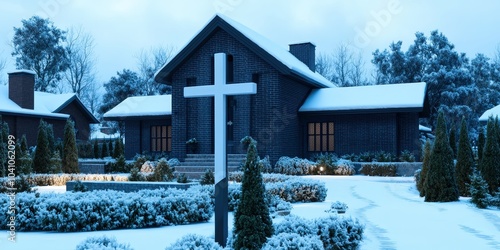 Winter Chapel with Cross  Snow Covered Landscape  Brick Architecture photo