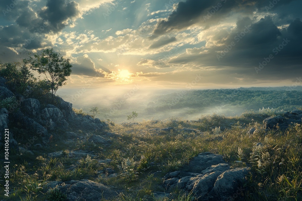 Fototapeta premium Golden sunlight breaks through clouds above a tranquil landscape