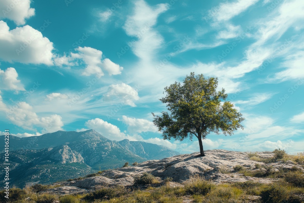 A lone tree grows on rugged terrain under a bright sky A lone tree grows on rugged terrain under a bright sky