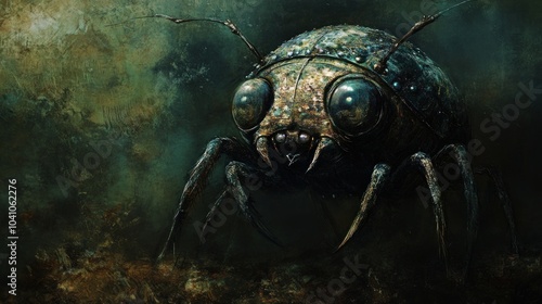 A stylized insect-like creature with large eyes and a metallic texture, set against a dark background. photo