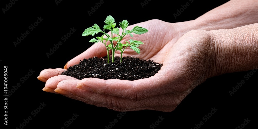Senior Hands Holding Tomato Seedlings Nature Conservation Gardening Agriculture Senior Hands Holding Tomato Seedlings Nature Conservation Gardening Agriculture