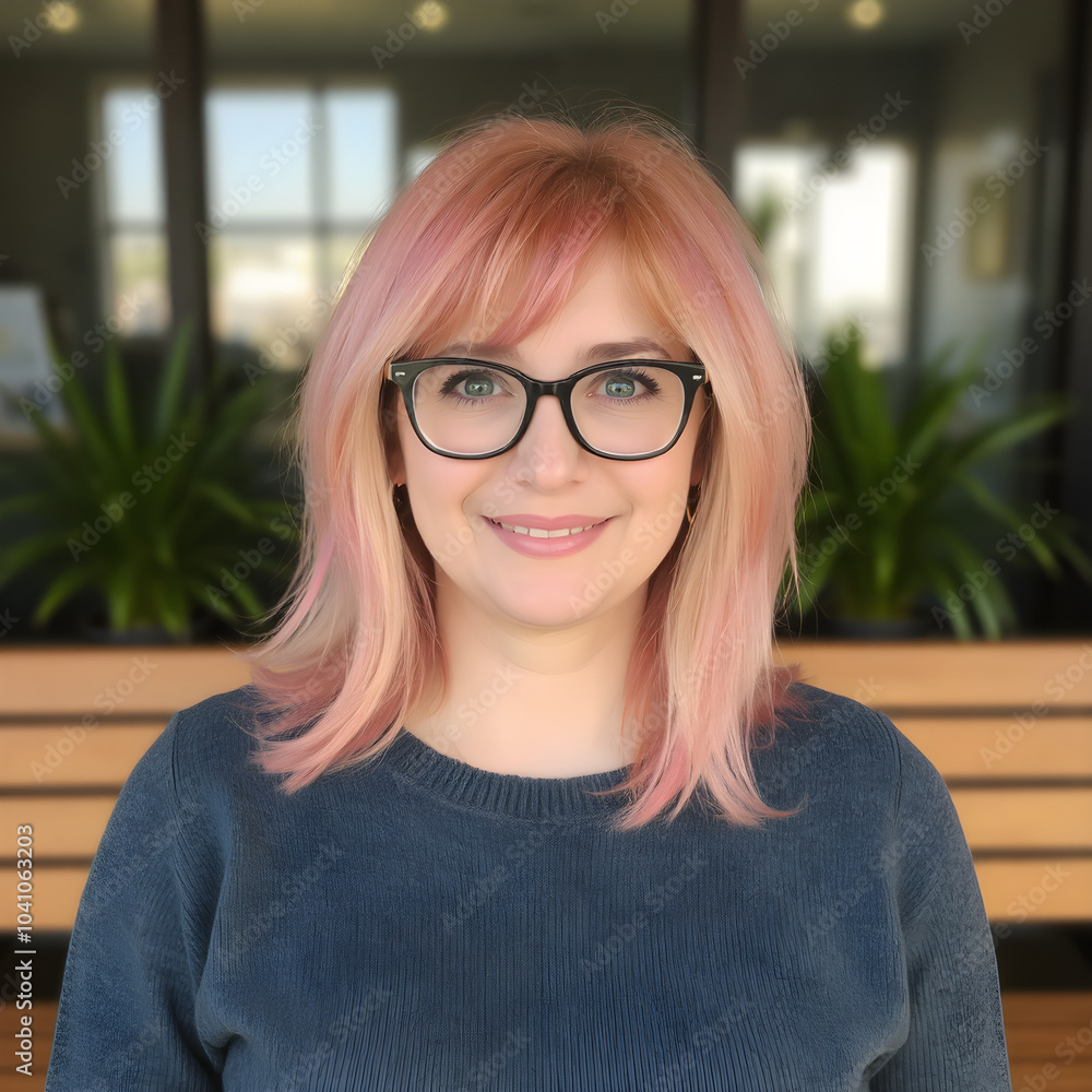 Mujer de 30 años con gafas y un peinado rosa y naranja Mujer de 30 años con gafas y un peinado rosa y naranja