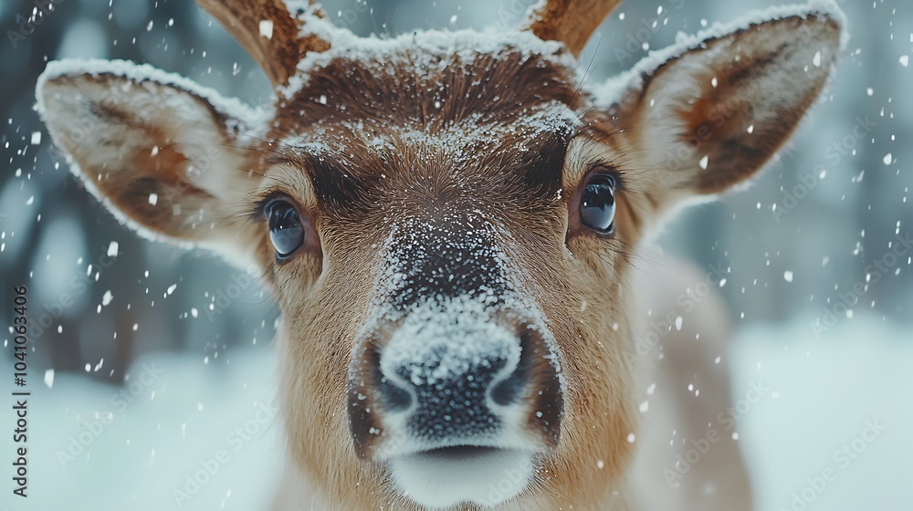 Friendly Reindeer Looking at the Camera in Snowy Scene Friendly Reindeer Looking at the Camera in Snowy Scene