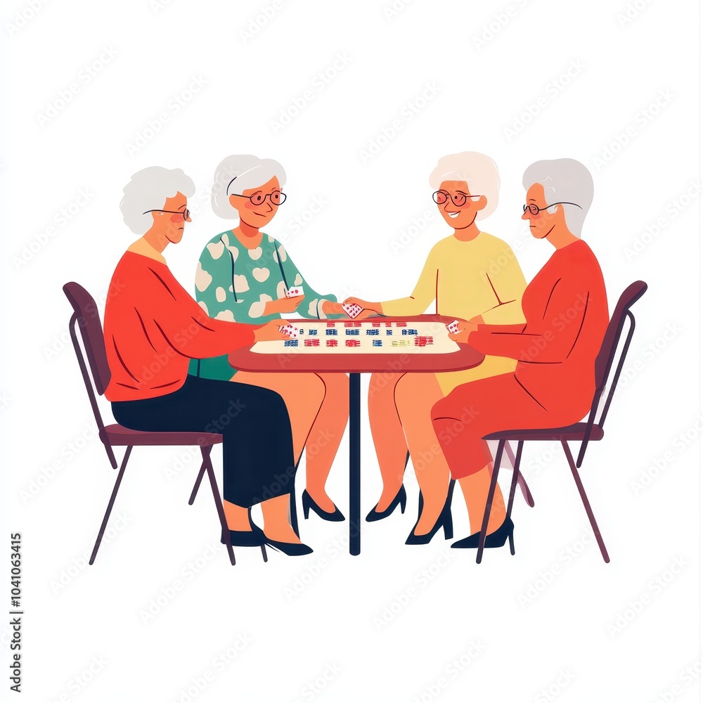 Elderly woman engaging in a bridge game with friends, social club for seniors, flat design, soft tones, isolated on white background Elderly woman engaging in a bridge game with friends, social club for seniors, flat design, soft tones, isolated on white background