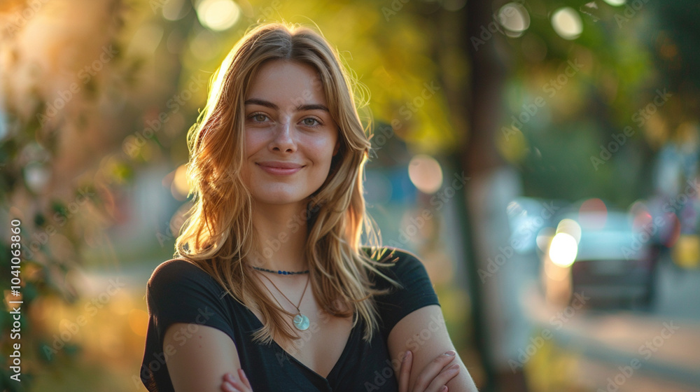 Young blonde girl, friendly welcoming woman with her arms crossed, smiling gently looking into the camera with park nature profile portait Young blonde girl, friendly welcoming woman with her arms crossed, smiling gently looking into the camera with park nature profile portait
