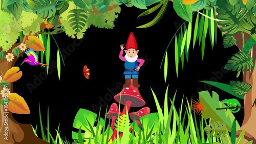 Gnome sitts on mashroom plants frame gungle animation forest photo