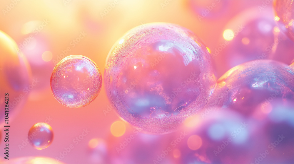 Abstract background with iridescent bubbles in a pink and orange gradient. Abstract background with iridescent bubbles in a pink and orange gradient.