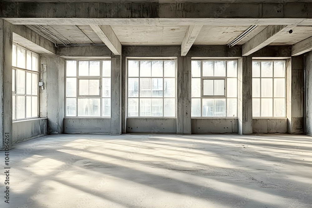 Empty Concrete Room with Large Windows and Exposed Beams Empty Concrete Room with Large Windows and Exposed Beams