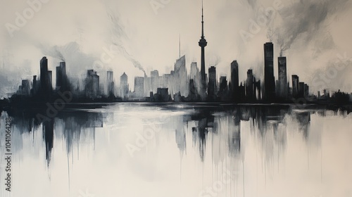 A black and white painting of a city skyline with a reflection in the water.