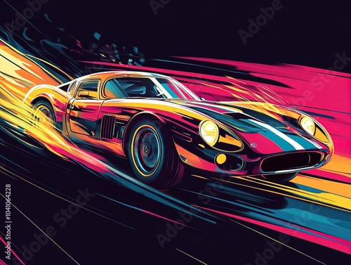 Dynamic Vintage Sports Car Poster: Capture Speed and Excitement with Bold Lines and Colorful Graphics for Your Sports Interior!