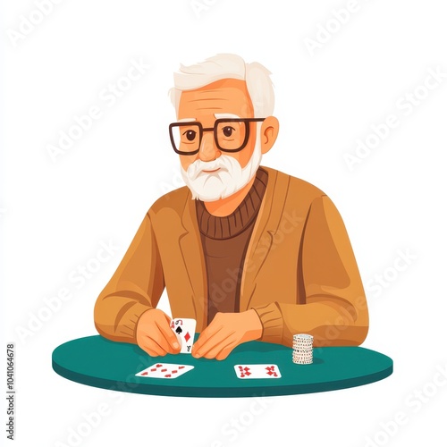 Senior man participating in a bridge club, focused game, flat design, soft hues, isolated on white background
