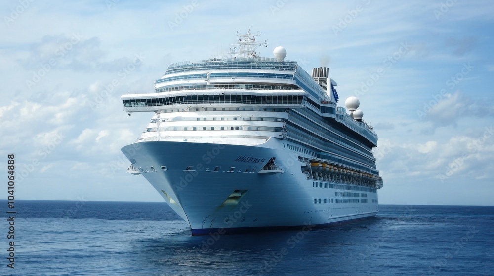 A large cruise ship sailing on calm waters under a cloudy sky. A large cruise ship sailing on calm waters under a cloudy sky.