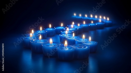 A digital illustration of blue candles forming a ribbon shape, with each candle lit to represent awareness and support. The background is a deep blue gradient, enhancing the glow of the candles. photo