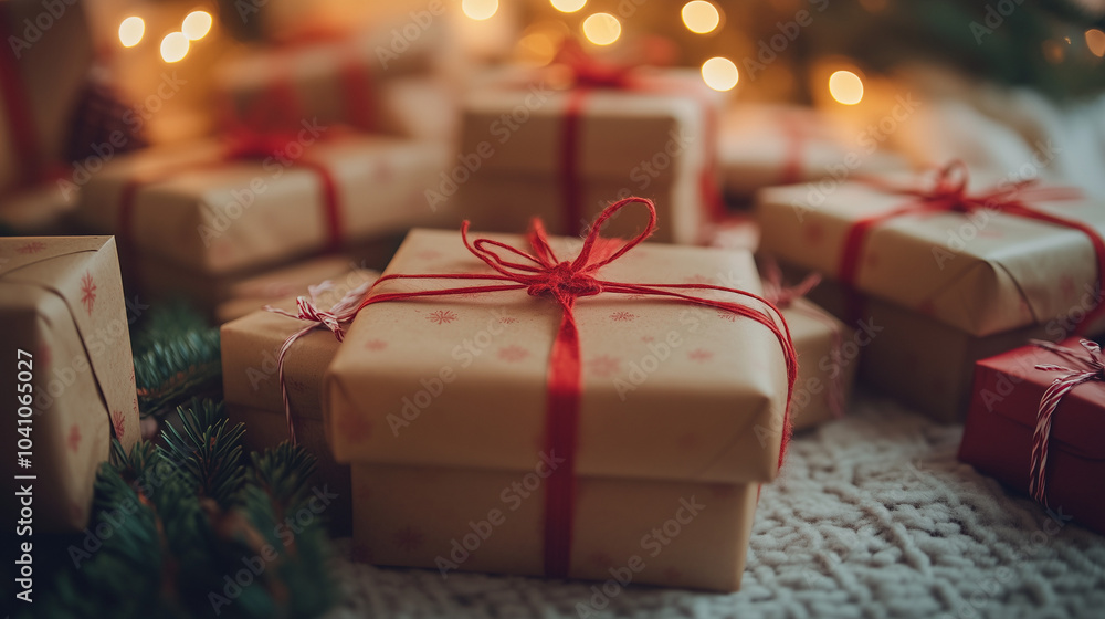 Beautifully wrapped Christmas gifts with red ribbons on a cozy blanket surrounded by festive lights Beautifully wrapped Christmas gifts with red ribbons on a cozy blanket surrounded by festive lights