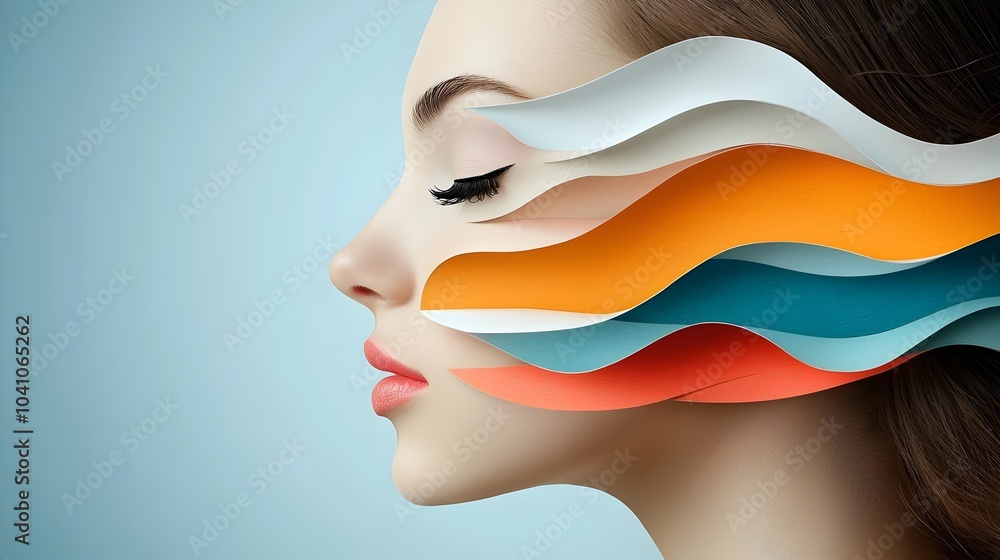 Symmetrical abstract face silhouette design with vibrant layered paper cut patterns modern minimalist graphic backdrop for digital photography and design Symmetrical abstract face silhouette design with vibrant layered paper cut patterns modern minimalist graphic backdrop for digital photography and design