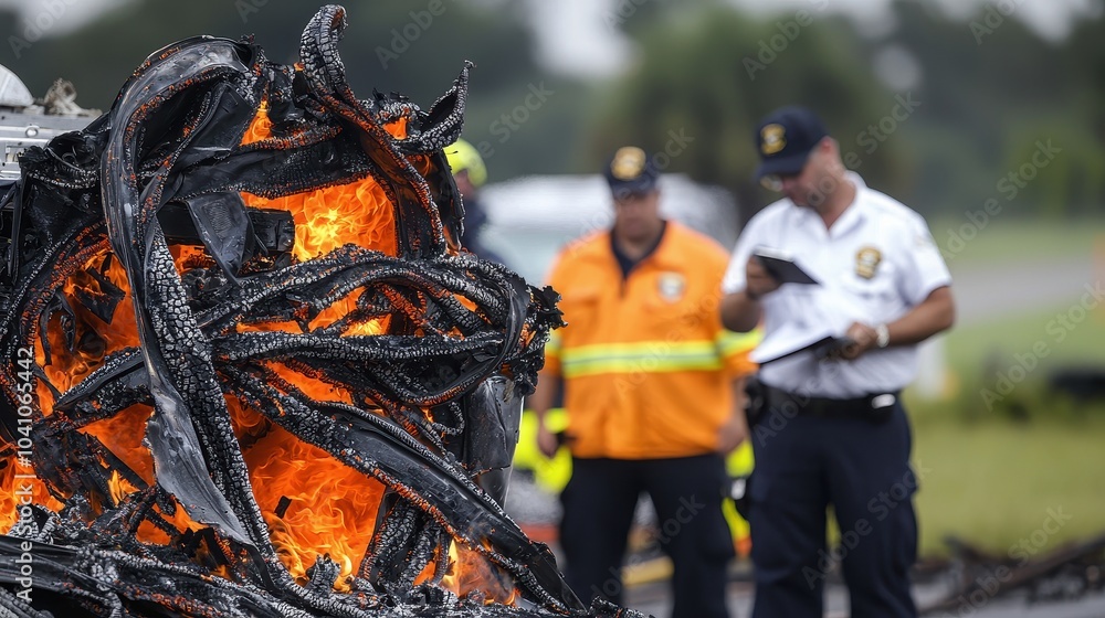 Emergency responders assess a vehicle fire, highlighting the dangers of road accidents and urgent responses. Emergency responders assess a vehicle fire, highlighting the dangers of road accidents and urgent responses.