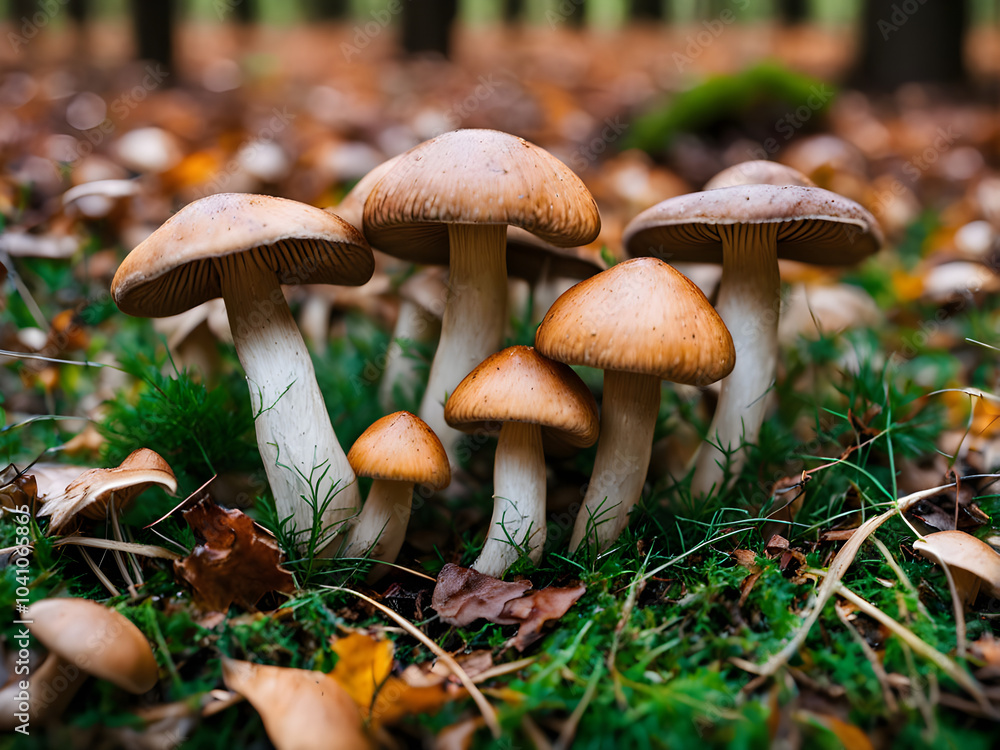 Beautiful closeup of forest mushrooms in grass, autumn season. little fresh mushrooms, growing in Autumn Forest. mushrooms and leafs in forest. Mushroom picking concept. Magical Beautiful closeup of forest mushrooms in grass, autumn season. little fresh mushrooms, growing in Autumn Forest. mushrooms and leafs in forest. Mushroom picking concept. Magical