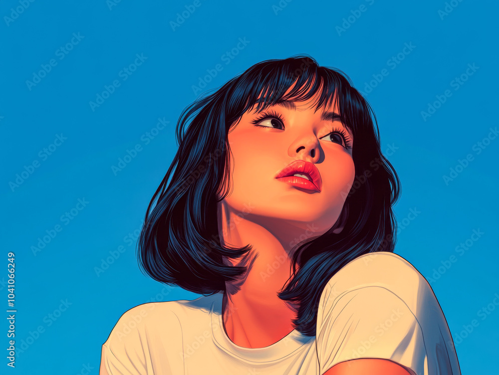 A young woman with short black hair gazes thoughtfully against a clear blue sky A young woman with short black hair gazes thoughtfully against a clear blue sky