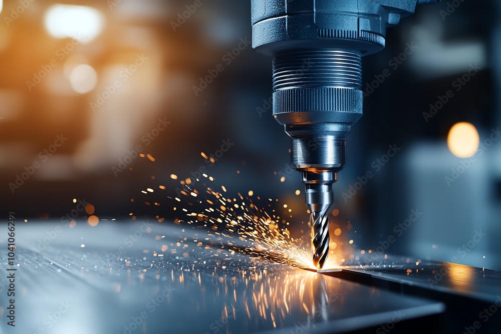 Close-up of industrial CNC machine tool drilling metal with precision. Sparks illuminate the detailed cutting process in a workshop setting. Close-up of industrial CNC machine tool drilling metal with precision. Sparks illuminate the detailed cutting process in a workshop setting.