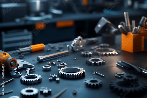 Close-up of various metal tools and gears arranged on a workbench in a workshop, showcasing craftsmanship and engineering precision. photo