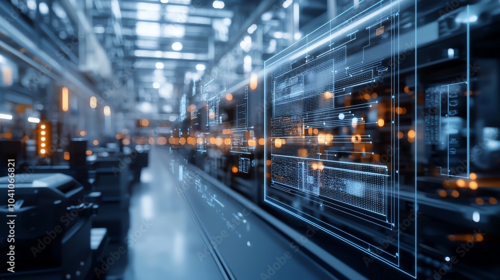 Futuristic factory interior with advanced technology, glowing digital interface, and high-tech machinery in an automated industrial environment. Futuristic factory interior with advanced technology, glowing digital interface, and high-tech machinery in an automated industrial environment.