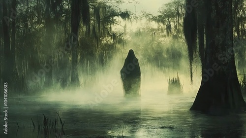 A Figure in a Black Robe Standing in a Foggy Swamp