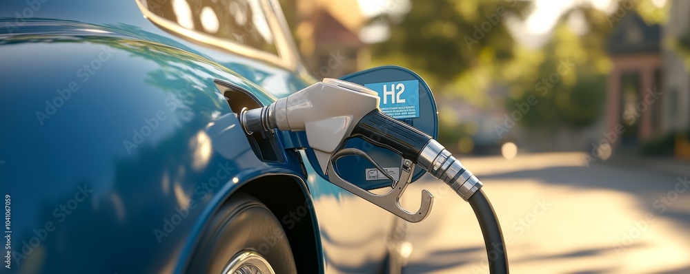 Photorealistic 3D render of a hydrogen-powered car refueling