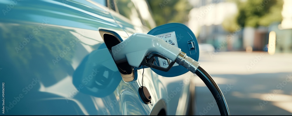 Close-up of hydrogen car refueling at a station