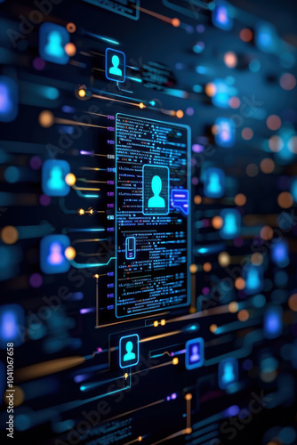 AI tracking customer complaint patterns from feedback documents, Futuristic digital background with user profiles, data connections, and glowing elements Artificial Intelligence in Document Analysis.
