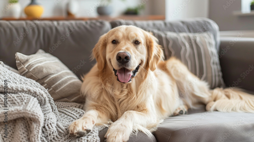 Happy golden retriever dog is lying on a cozy sofa in a modern living room. Domestic pet happy life. Care, grooming and тutrition of a dog concept Happy golden retriever dog is lying on a cozy sofa in a modern living room. Domestic pet happy life. Care, grooming and тutrition of a dog concept