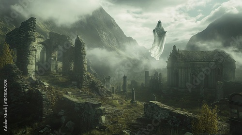 A Ghostly Figure Soaring Above a Foggy Graveyard in a Mountainous Landscape
