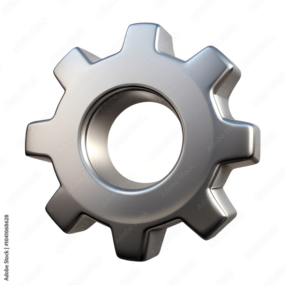Gear icon, silver with visible teeth and inner circle, isolated on a white background Gear icon, silver with visible teeth and inner circle, isolated on a white background