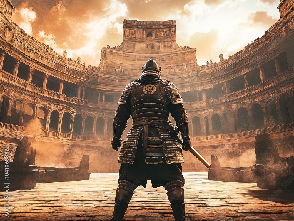 Fototapeta premium Warrior's Pride: Armored Samurai Stands Before Majestic Arena - Perfect Poster for Sports Decor with Intricate Carvings and Dramatic Lighting
