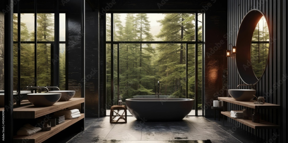Modern bathroom with forest view and black bathtub. Modern bathroom with forest view and black bathtub.