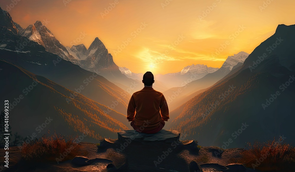 Fototapeta premium Man meditates on mountaintop at sunrise.