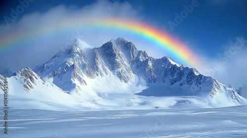 Winter, landscape and rainbow in Mountain forest with snow on trees in countryside, environment or woods. Sunshine, clouds or peace in nature with colors in sky like heaven