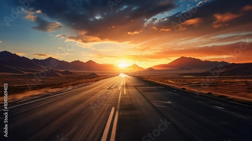 Driving on the road through the desert area in the valley of the mountains at sunrise