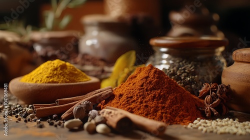 Spices and herbs on the market. Food and cuisine ingredients. photo