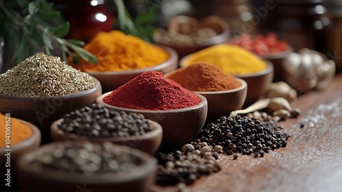 Spices and herbs on the market. Food and cuisine ingredients. photo